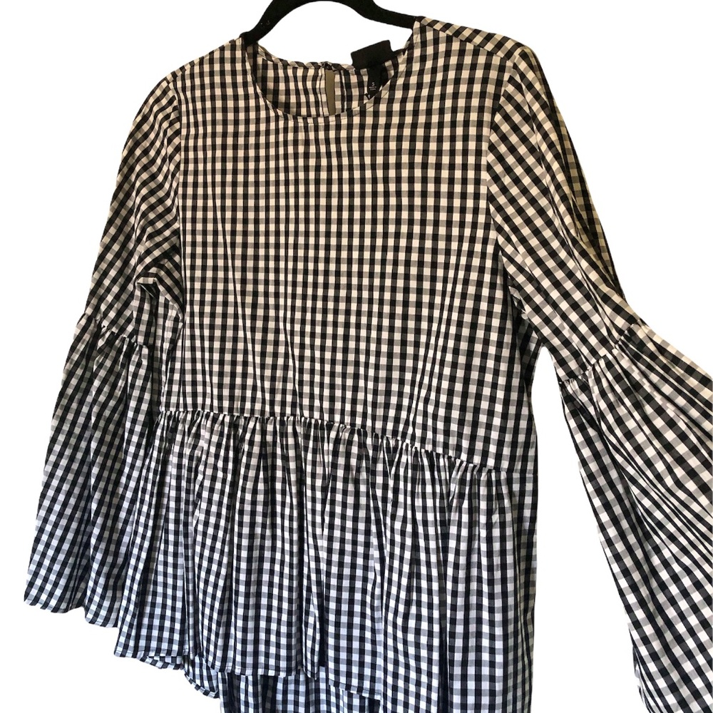 Women's Gingham Peplum Top with Bell Sleeves